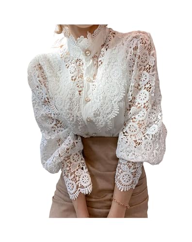  FRESQA Camicia Patchwork in Pizzo con Maniche a Petalo, Colletto alla Coreana, Scava Fuori, Camicetta in Pizzo da Donna, Top Bianco con Bottoni