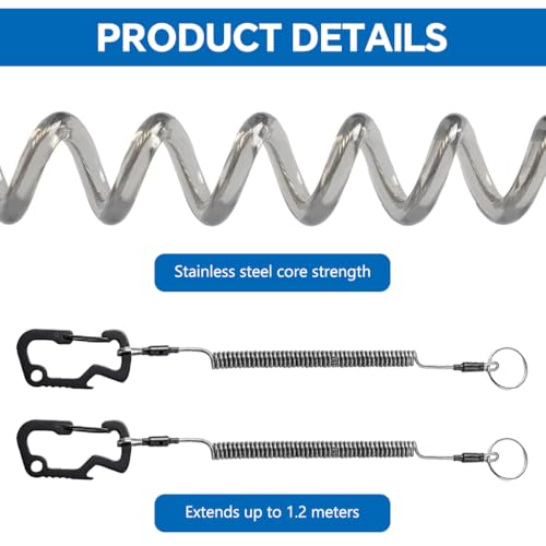 Image of Proberos 2Pcs Fishing Lanyard Safety Rope, 1.2m Extendable Heavy Duty Retractable Coiled Lanyard Stainless Steel Security Tether with Locking Carabiner, for Keys, Fishing Gear, Camping & Outdoor Use