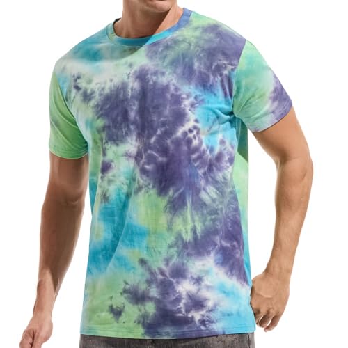 KLIEGOU Men's Hipster Tie-Dyed T Shirt - Soft Fitted Print Tee for Men 571 Green-Blue-Purple M