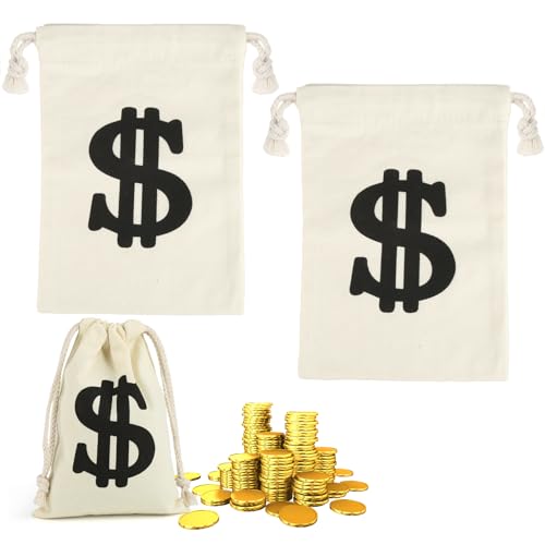 Xishoyen 2 bolsas para porta-moedas, porta-moedas com sinal de dólar, sacos de lona, saco de dinheiro para ladrão com cordão, porta-moedas para ladrões de bancos, fato para caça ao tesouro, fantasia