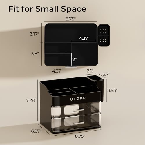 Image of UFORU Makeup Organizer for Vanity with Brush Holder, Countertop Skincare Organizer with 2 Drawers, Spacious Cosmetic Display Case for Perfumes, Cologne, Shaving Lotion