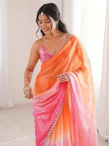 Image of AKHILAM Women's Shimmer Satin Sequence Embroidery Saree With Unstitched Blouse Piece(AARYAN21701 KR Parent)