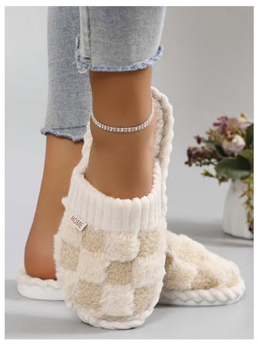 OYOANGLE Women's Fuzzy Plaid Closed Toe Plush Slippers Slip on Comfy Indoor Bedroom Slides Slippers3
