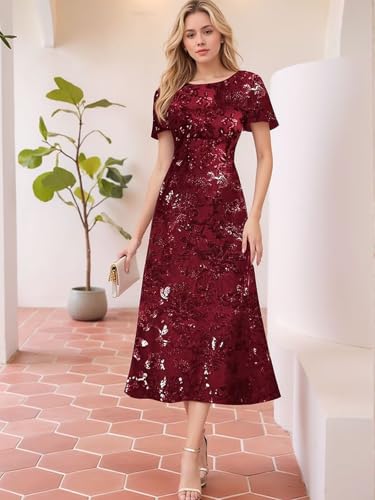 Tea Length Mother of The Bride Dresses Sequin Sparkly Beaded Short Sleeves A Line Formal Evening Dress for Women2