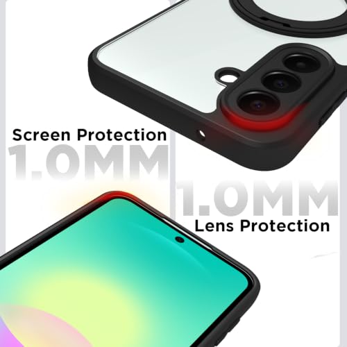 Image of RIGGEAR Shockproof Sleek Hybrid Armor 360 Rotating Magnetic Ring Stand Back Cover Case Compatible with MagSafe Accessories for Samsung Galaxy A27 5G (Clear PC + Black TPU Bumper)