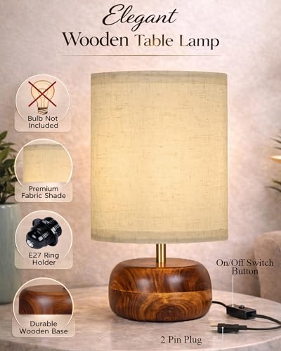 Image of Homesake Handcrafted Wooden Base Table Lamp with Warm Shade, Aara, Bedside Night Light for Bedroom, Living Room, Study Table, Home Decor, Ambient Lighting, (KD Khadi Shade)