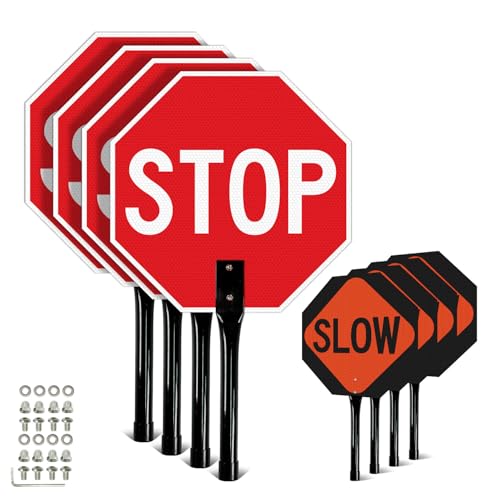 T&R (4 Pack) Stop Slow Sign with Handle, 13 x 13 Inches Double Sided Stop/Slow Traffic Sign, Rust Free Aluminum Reflective, Weather Resistant, Waterproof, Fade Resistant, Easy to Mount(Orange) by T&R - Used condition - US$19.17