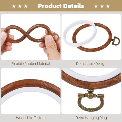 Image of 15 PCS Round Embroidery Hoops - 3.7 Inches Imitated Wood Circle Rubber Hoop Frames, Cross Stitch Ornament Hoop Ring, Hanging Wood-Like Frame for DIY Embroidery Art Craft Sewing