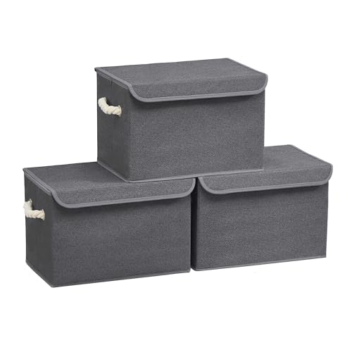 SONGMICS Boîte de Rangement avec Couvercle, Lot de 3, Pliable, Panier en Tissu, Bac de Rangement, avec Poignées, pour Chambre, Salon, Dressing, 38 x 25 x 25...