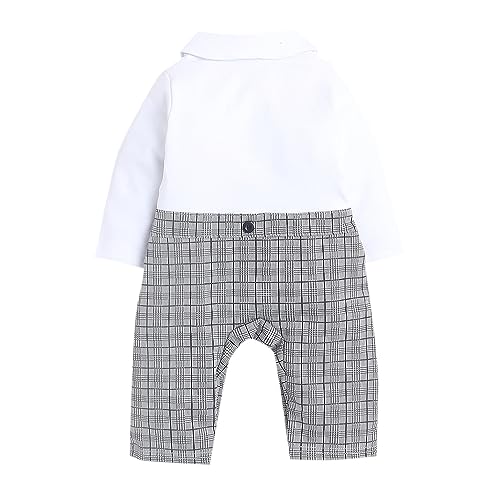Image of Hopscotch Boys Bow Applique Plaid Romper in Grey Color