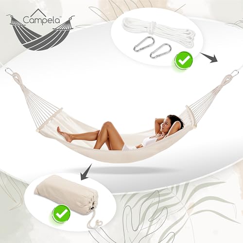 Campela Doppelhängematte mit Spreizstäben – 200 x 150 cm, 240 kg – Baumwoll-Polyester, Boho Beige – für Garten, Balkon, Terrasse und Camping – inkl. Tragetasche und Montageset