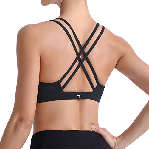 FITTIN Strappy Sports Bra - Crisscross Back Sports Bra for Women Wirefree Bra Yoga Tops Black Large