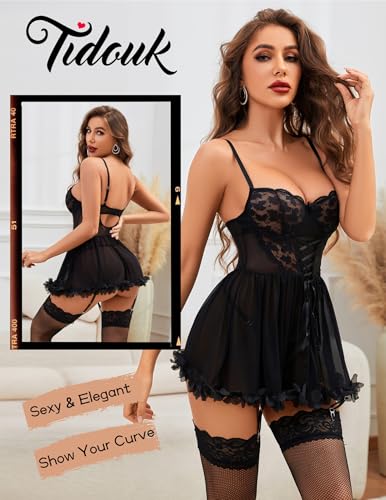 Sexy Lingerie for Women Lace Babydoll Lingerie Dress Push up Nighty Petal Hem Chemise with Garter(4pcs)2