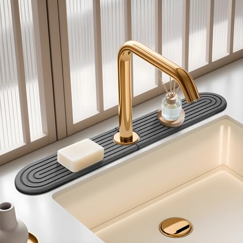 Image of Diatomite Stone Faucet Mat For Kitchen Sink-Absorbent Fast Drying Stone Sink Tray,Faucet Splash Guard Counter,Quick Dry Sink Mat Around Faucet For Kitchen & Bathroom (Dark Gray-Oval,23.6" x 4")