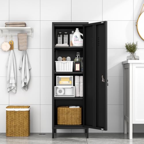 Image of pozdeg 47.24 inch Black Lockable Small Metal Storage Locker | Employees Locker 1 Door & 3 Adjustable Shelves, Steel Cabinet for Employees, Home, School, Office & Gym