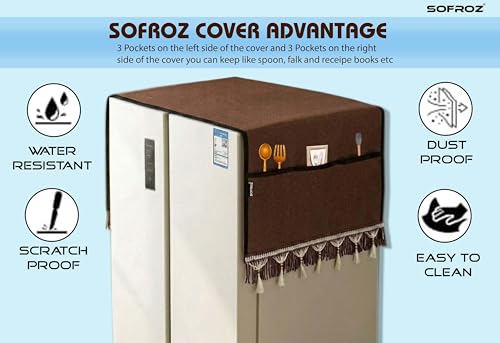 Image of Refrigerator Side by Side Door Waterproof, Dustproof, Protective Cover for Fridges with Extra Storage Space Nylon Top Cover with 6 Storage Pockets (170 x 65 cm) (Brown Lace)