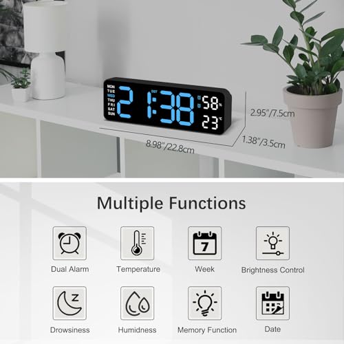 Jofomp Digital Wall Clock Large Display, 9 Inch Led Wall Clocks For Living Room Decor, Digital Clock With Temperature/Dst/Auto-Dimming/Humidity/Snooze thumb #1