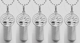 Family Set of 5 Brushed Silver TREE OF LIFE CREMATION URN Necklaces with LASER ENGRAVED HEARTS - Includes 5 Velvet Pouches, 5 Ball-Chains & Fill Kit
