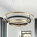 CaraLuxe 3 Ring LED Chandelier Black Gold Chandelier Light Fixture Dimmable Round Foyer Chandeliers Modern Circular Chandeliers Light for Dining Room Entry Bedroom Office Living Room 24in