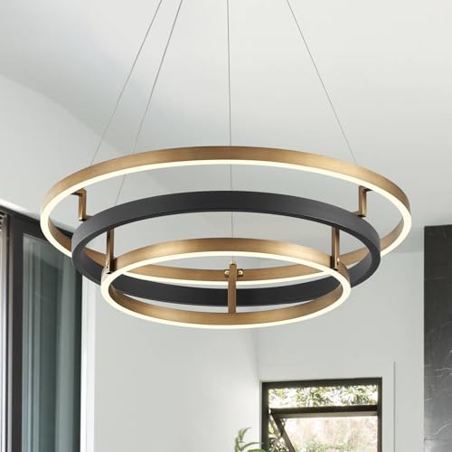 CaraLuxe 3 Ring LED Chandelier Black Gold Chandelier Light Fixture Dimmable Round Foyer Chandeliers Modern Circular Chandeliers Light for Dining Room Entry Bedroom Office Living Room 24in