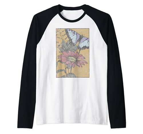 Flower Panel with Butterfly Raglan Baseball Tee, Black