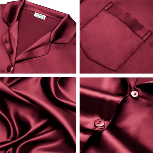 Image of SWOMOG Long Sleeve Pajamas Set Silk Satin Sleepwear Button Down Pjs Loungewear with Pocket