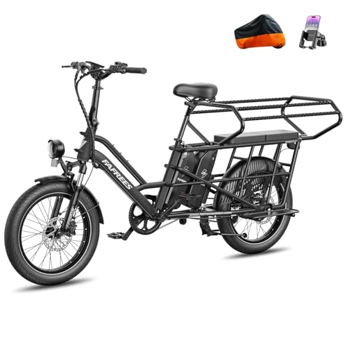 Fafrees Longtail E-Bike 20 * 3.0 Zoll, E-Lastenrad 250W 25km/h, ebike Damen 12Ah*2 Akku, E-Fahrrad 75N.m Reichweite 100-140km, Tragkraft 200kg (Vorderkorb + Kindersitz, Schwarz)