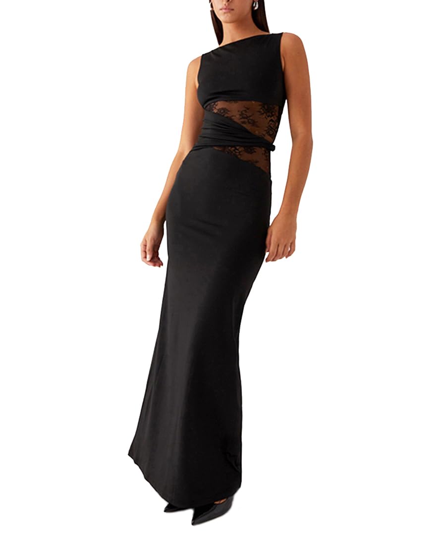 Vestido Ajustado para Mujer Cintura de Encaje Verano Casual sin Mangas Elegante Club Noche Fiesta Cóctel Maxi Vestidos (L)
