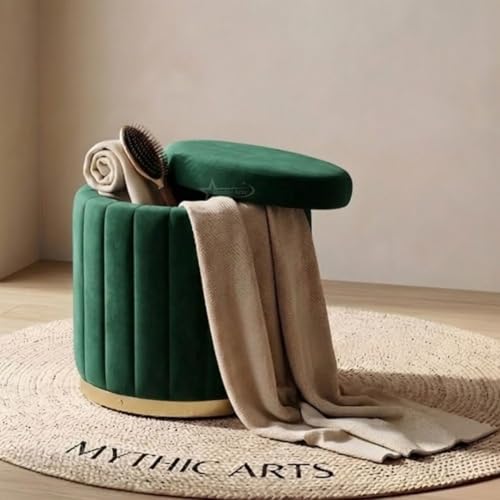Image of Superior Round Storage Ottoman Stool 16 X 16X 19 inch, with Gold Metal Base | Elegant Pouffe with Secret Storage | Cushioned Footrest for Living Room, Bedroom, and Lounge Dark Green
