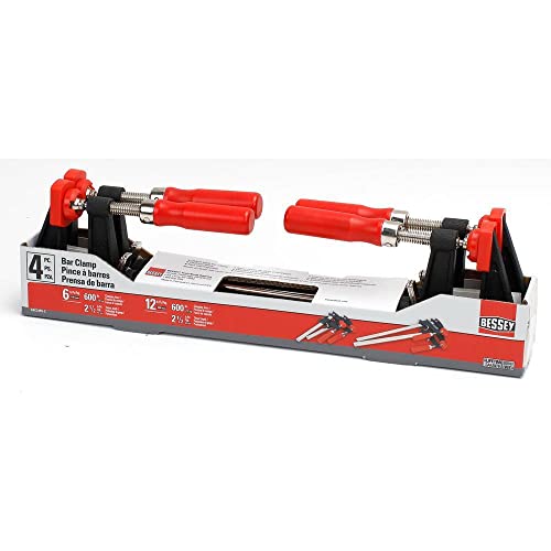 Image of BESSEY GSCC4PK-C Clamp Set for Woodworking, F-style with Wood Handle, Replaceable Pads, 2 x 6 In and 2 x 12 In, 600 lb, Red /Black /Silver