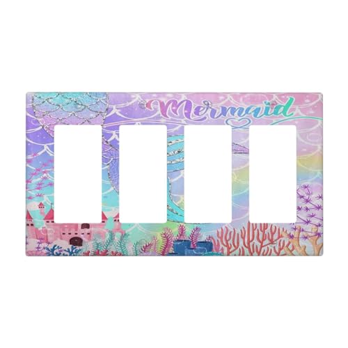 Silvery Glitter Cute Mermaid Tail Fantasy Castle 4 Gang Rocker Decora Light Switch Cover Outlet Covers Wall Plate Decorative Switchplate Electrical Faceplate GFCI for Kidroom Nursery Bedroom Decor