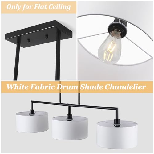 Image of 47 inch W Modern Linear Kitchen Island Pendant Light Fixture 3-Light White Linen Drum Shade Chandelier Black Metal Linear Chandeliers for Dining Room Farmhouse Hanging Light for Living Room, Bar, E26