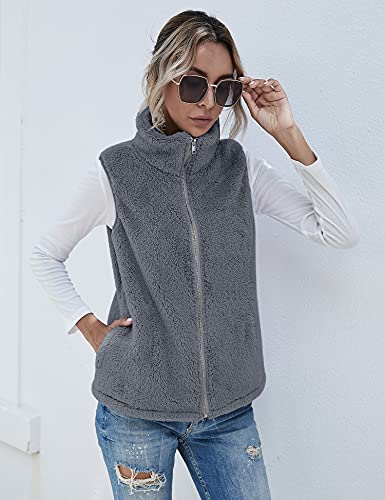 Raphin Daunenweste Damen Teddy-Fleece Ärmellos Casual Strickfleecejacke Damen Einfarbig Mode Lose Daunenweste Damen Leicht(Dunkelgrau,XXL)