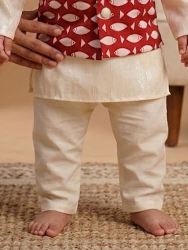 Image of Pspeaches Boys Cotton Full Sleeves Mandarin Collar Printed Kurta & Pyjamas With Jacket 3 Piece Set|Ethnic Wear For Cute Baby Boys|Traditional & Festive Outfit