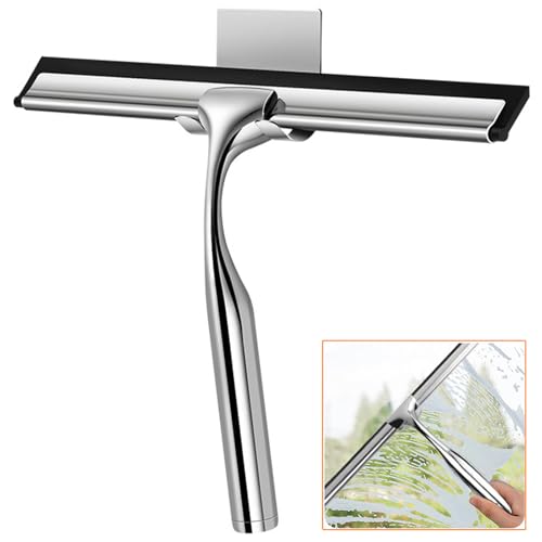25cm Rasqueta Limpiacristales Ducha con 1 Gancho, Limpia Cristales Acero Inoxidable, Escobillas Mampara Diseño Ergonómico, Raspador Limpieza Silicona para Baño, Azulejos, Espejos, Ventanas (Plateado)