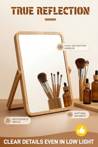 Espejo de maquillaje rectangular plegable de bambú miniatura 3