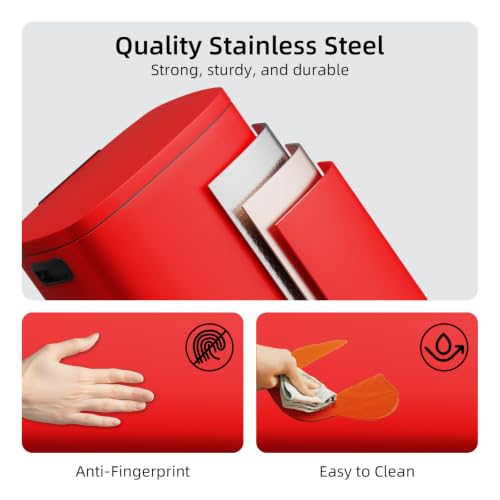 Image of KUK 13 Gallon Kitchen Trash Can with Lid, 50L /13Gal Office Step Garbage Can for Home, Kitchen, Laundry Room, Office, Brushed Stainless Steel, Red