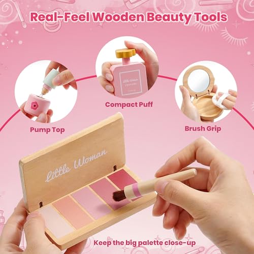 Image of WUDLY Wooden Makeup Toy Set for Girls, Lightweight Portable Play Beauty Kit with Soft Carry Bag, Safe Non-Toxic Wooden Cosmetic Accessories, Birthday Gift for Kids Age 3 4 5 6 7 8 Year Old