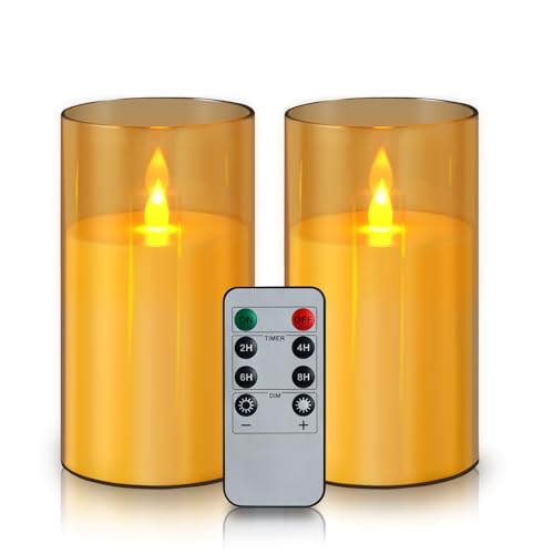 Image of wemarry Flameless Candles Acrylic Glass Pillars 3 inch D x 6 inch H Battery Operated Flickering Candles Include 8-Key Remote with Timer Function 400+ Hours (Amber, Warm Light 2 Pack)