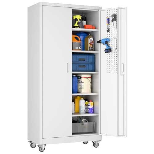 SUXXAN Metal Storage Cabinet with Wheels and Pegboard 71 Tall Industrial Steel Cabinet with 5 Adjustable Shelves & Locking Doors Rolling Garage Storage Cabinet for Office Pantry Home