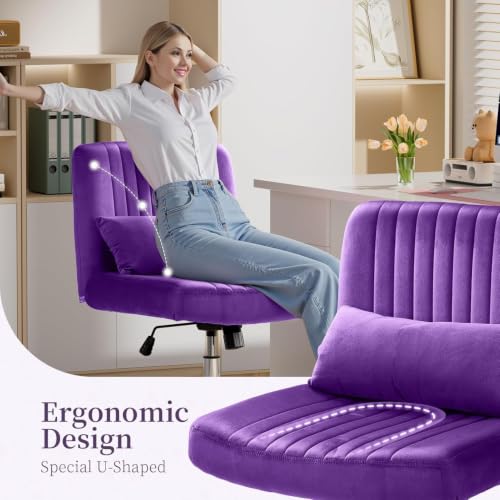 Image of Velvet Criss Cross Desk Chair with Wheels, Luxury Cross Legged Office Office, Swivel Wide Seat Vanity Chair, Armless Adjustable Height Gaming Chair Gift, Dusty (2, Purple)