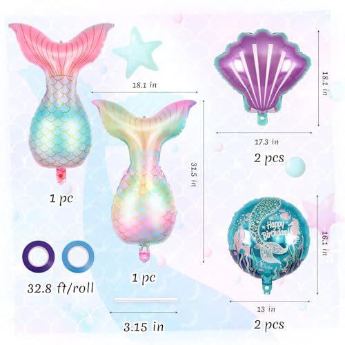 Image of 6 Pcs Mermaid Balloons, SeaShell Foil Balloons, Mermaid Tail Mylar Balloons for Sea Ocean Themed Birthday Party Decorations Baby Shower (Pack of 2)