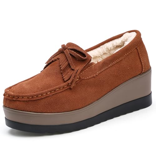 Image of Women's Tassel Suede Plush Wedge Shaped Sports Shoes Fashion Thick Sole Arched Casual Loafers Velvet Tassel Bow Wedge Casual Shoes
