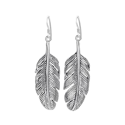 Silverly Boucles d'Oreilles Pendantes Extra Larges en Argent Sterling 925 avec Plumes | Motif de Feuilles Texturées | Boucles d'Oreilles Longues Pendantes en...