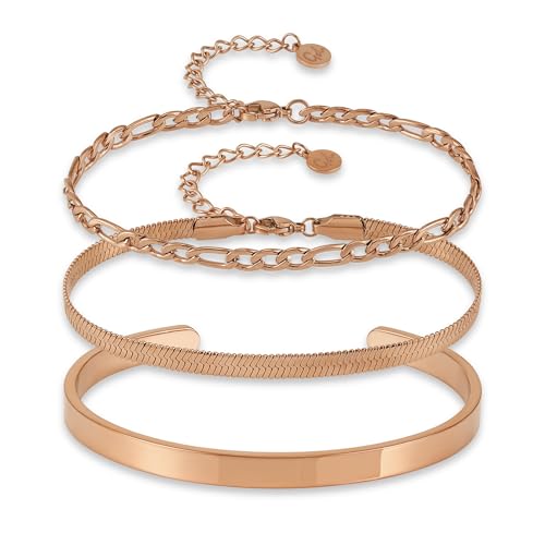 GD GOOD.designs Armband Set (3Stück) roségolden - Wasserfeste und größenverstellbare roségoldenes Armkettchen aus 316L Edelstahl | Schlangenarmband Gliederarmband Armreif in Roségold