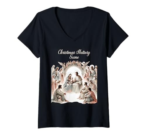 Mujer Colorido Belén de Navidad Nacimiento de Cristo Camiseta Cuello V