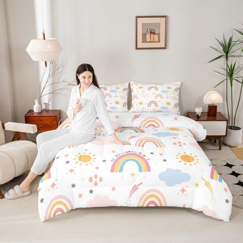 Image of Feelyou Kids Rainbow Comforter Set Full,Cute Boho Rainbow Girls Bedding Set Ultra Soft Sun and Stars Child Toddler Quilt Set Room Decor Lovely Rainbows Reversible Stars Duvet Set,Yellow Pink Blue