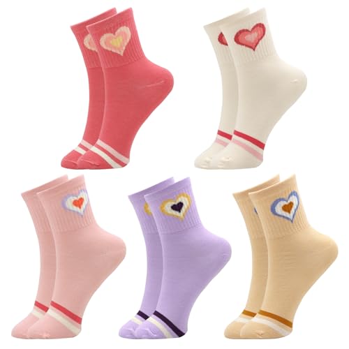 Soleeya 5 Paar Bunt Tennis Socken mit Herzen Damen, 38-42 Atmungsaktive Sportsocken Damen Baumwollsocken Superweich, Mehrfarbig Retro Socken Streifen Muster Crew Socks Damen für Arbeit Freizeit Sport