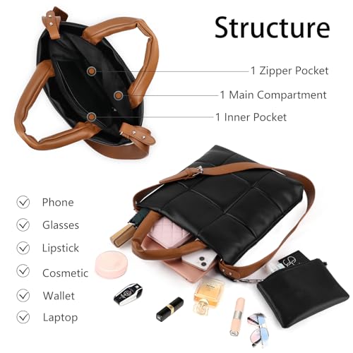 Image of Puffer Tote Bag, Quilted Crossbody Bag with Zip, Top-Handle Shoulder Bags with Removable Strap, PU Leather Handbags for Women
