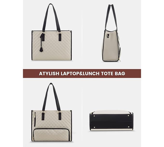 Image of Lunch Tote Bag for Women,15.6 Inch Laptop Bag with Insulated Lunch Compartment, Quilted Large Capacity Computer Handbag with Purse for Business, Work, Nurse,Collage,Office